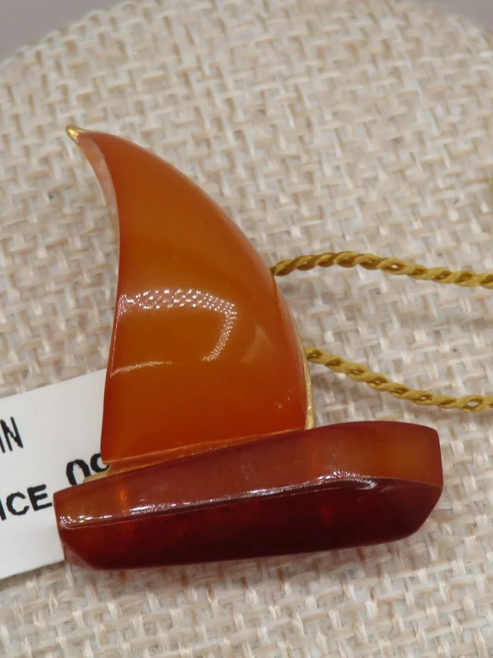 Vintage Russian Amber Sailboat Gold Tone Brooch